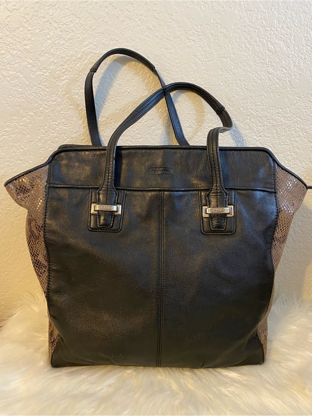 Coach Black Leather Taylor Tote with Snake-Print Side Panels